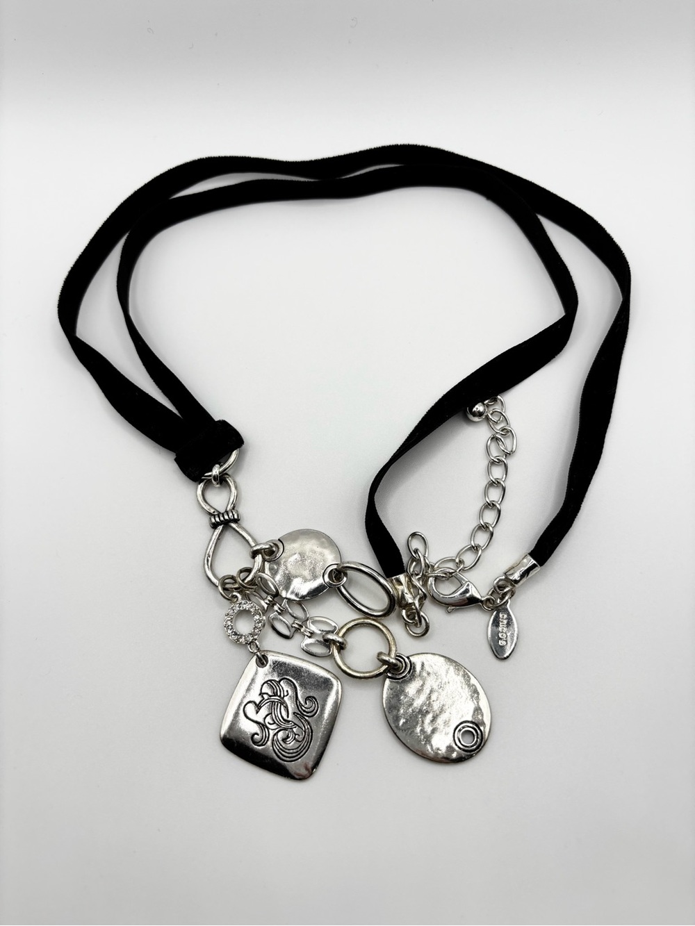Chico's Black Velvet Cord Necklace with Silver-Tone Charms